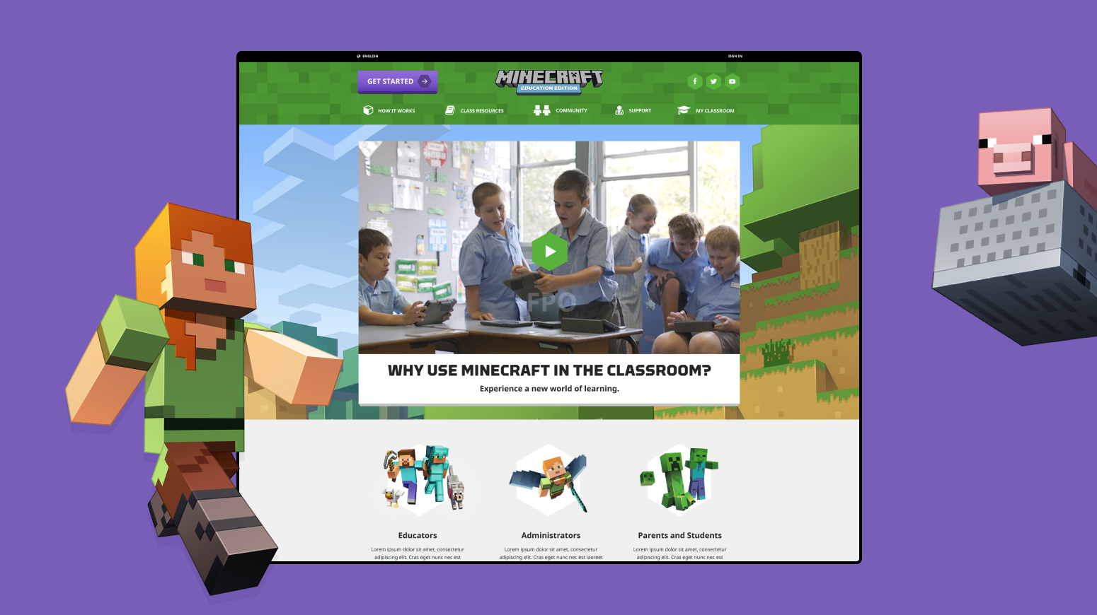 Minecraft webpage with character illustrations